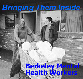 Formerly homeless person with a shoping cart filled with plastic to recylcle talks with homelss outreach worker infront of a hotel room.